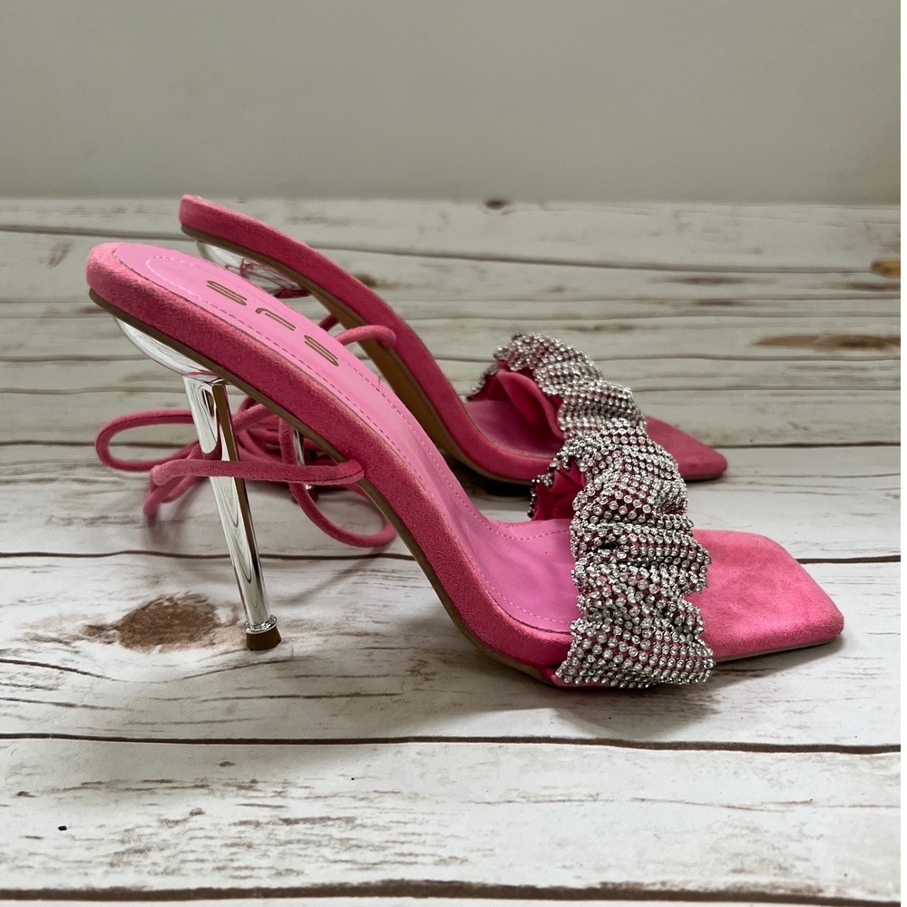 SFS Lace Up Heels Pink Rhinestone Ruched Square Toe Stiletto Size 41 US 10